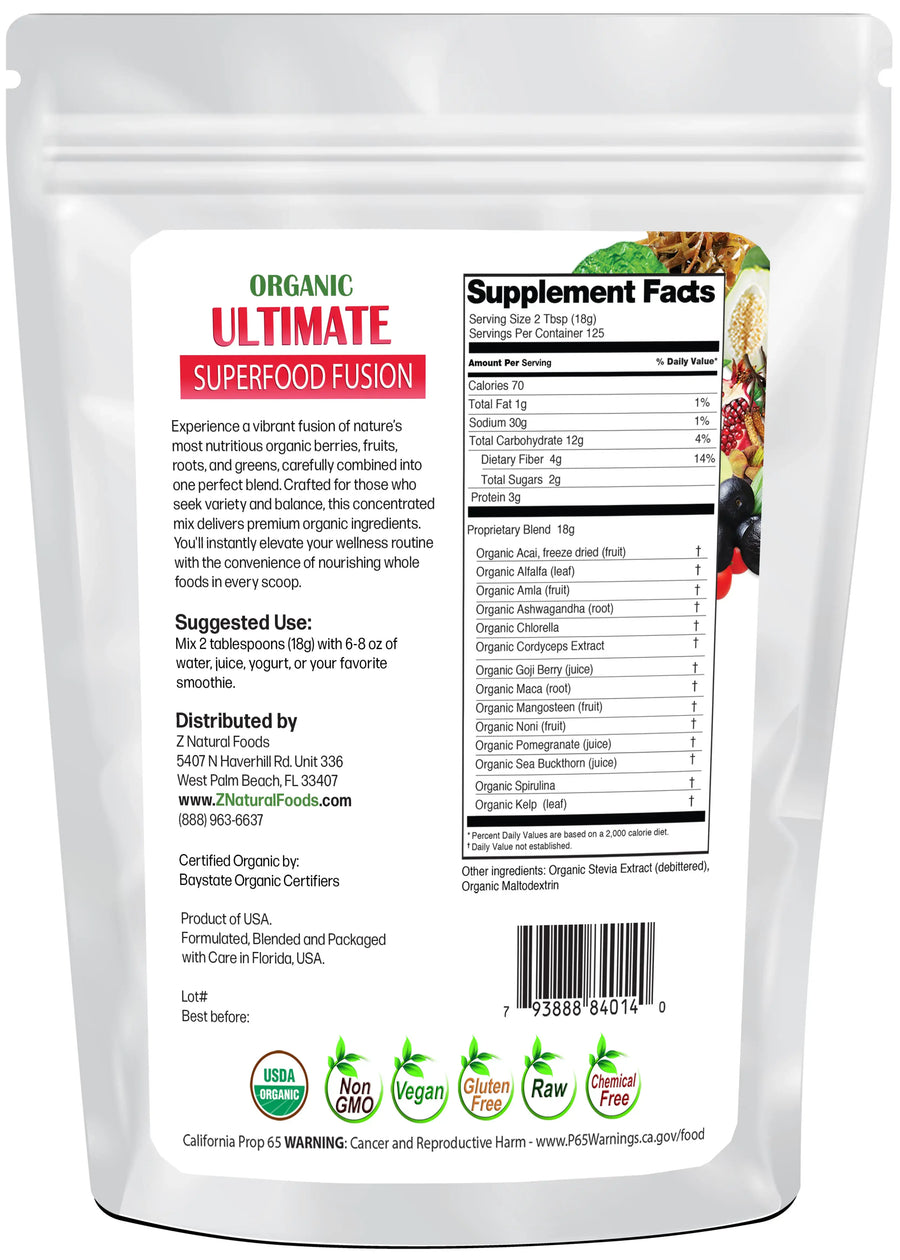 Back of the bag image of Organic Ultimate Superfood Fusion 5 lb 