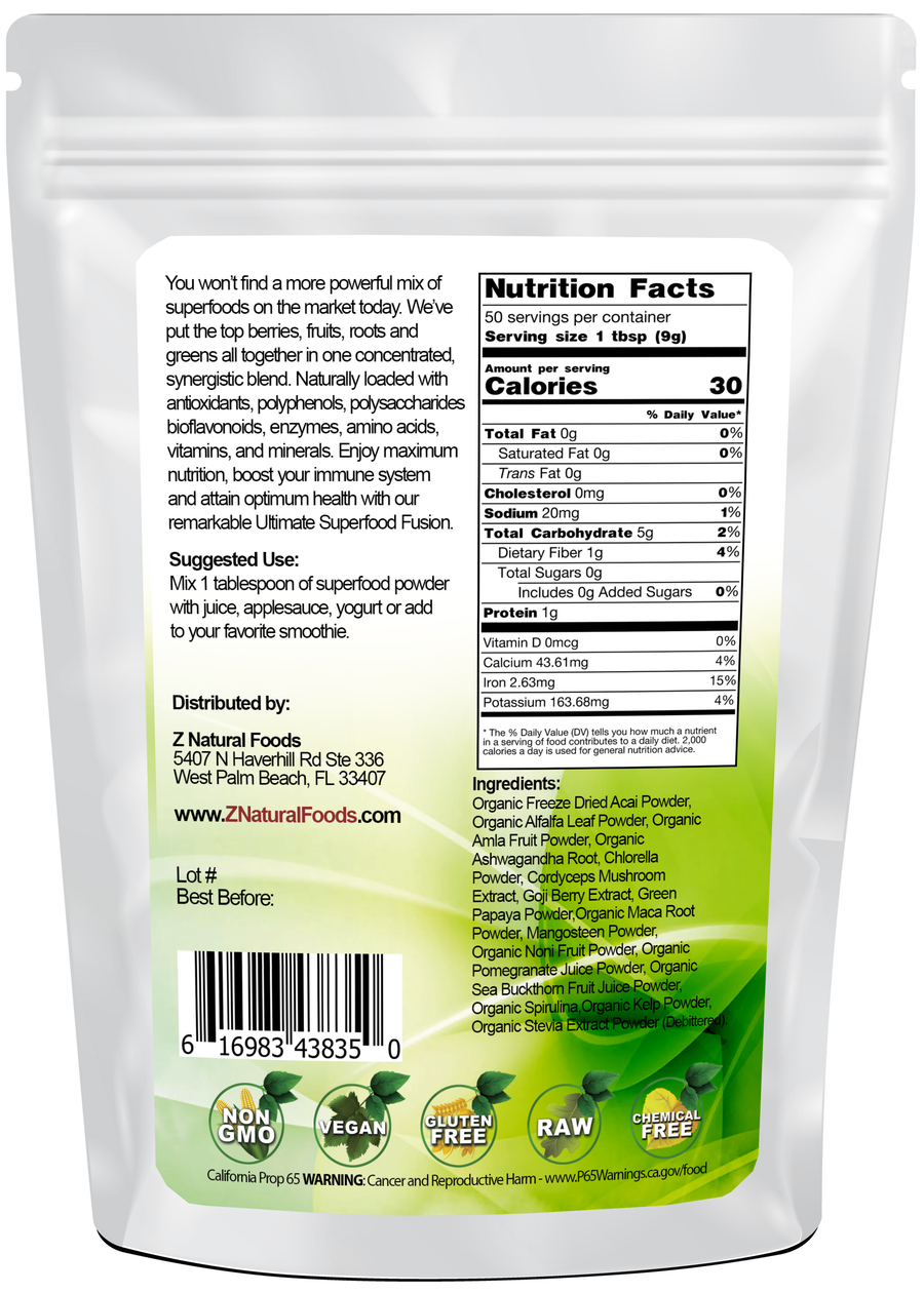 Back of the bag image of Ultimate Superfood Fusion 1 lb 