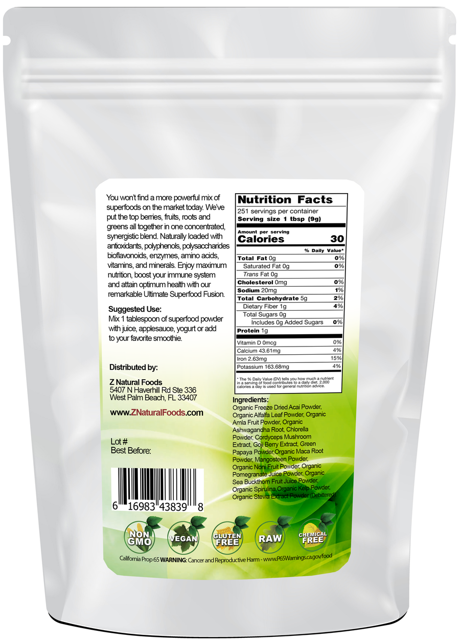 Back of the bag image of Ultimate Superfood Fusion 5 lb 