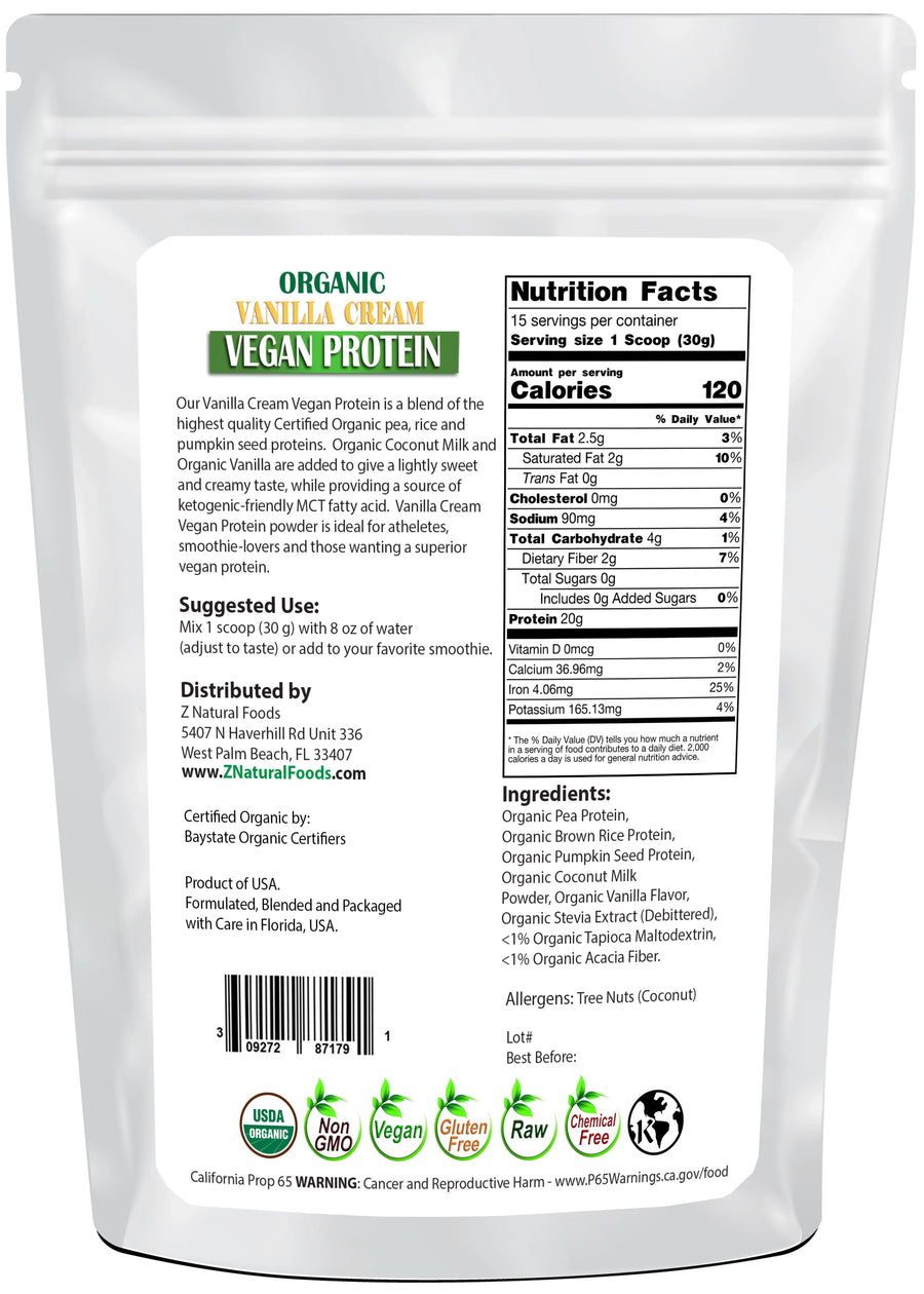 Photo of back of 1 lb bag of Vanilla Cream Vegan Protein