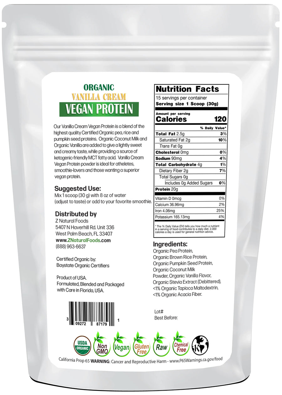 Photo of back of 1 lb bag of Organic Vanilla Cream Vegan Protein
