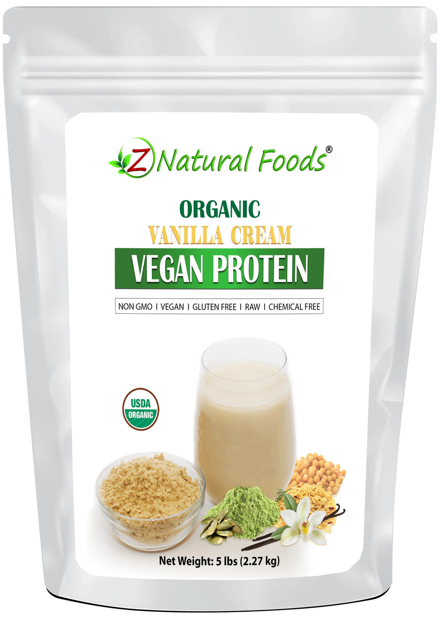 Photo of front of 5 lb bag of Vanilla Cream Vegan Protein