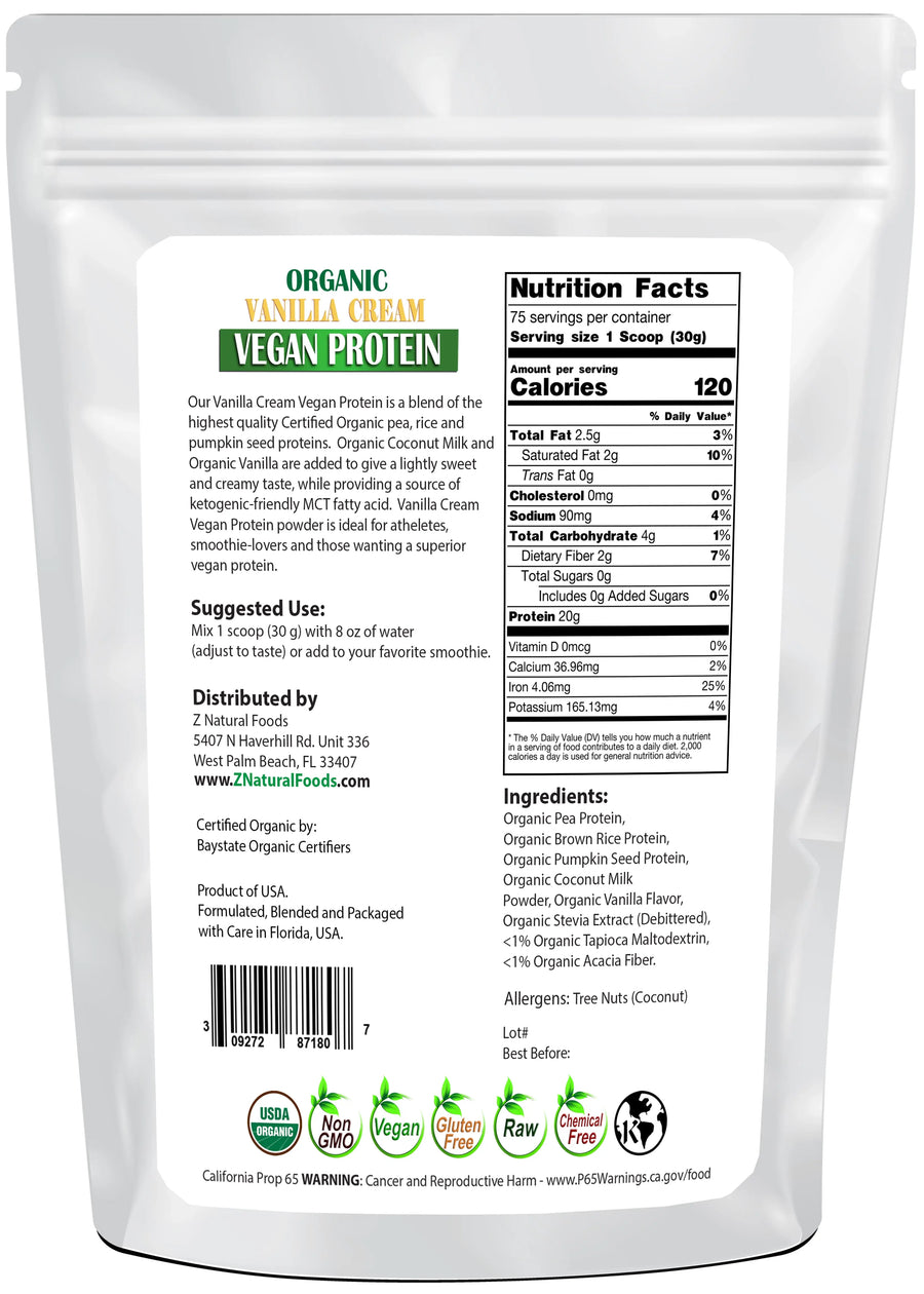 Photo of back of 5 lb bag of Vanilla Cream Vegan Protein