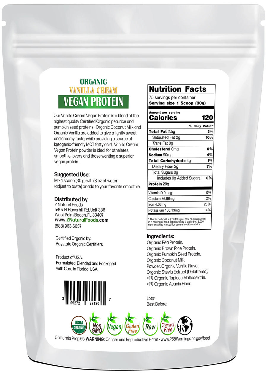 Photo of back of 5 lb bag of Organic Vanilla Cream Vegan Protein