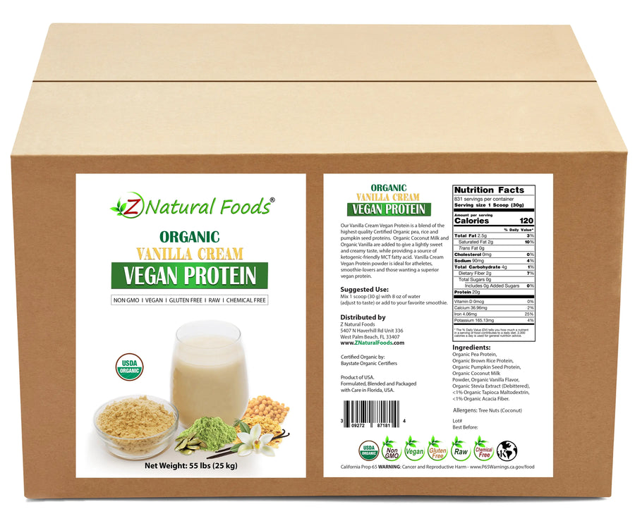 Photo of front and back label image of Vanilla Cream Vegan Protein in bulk