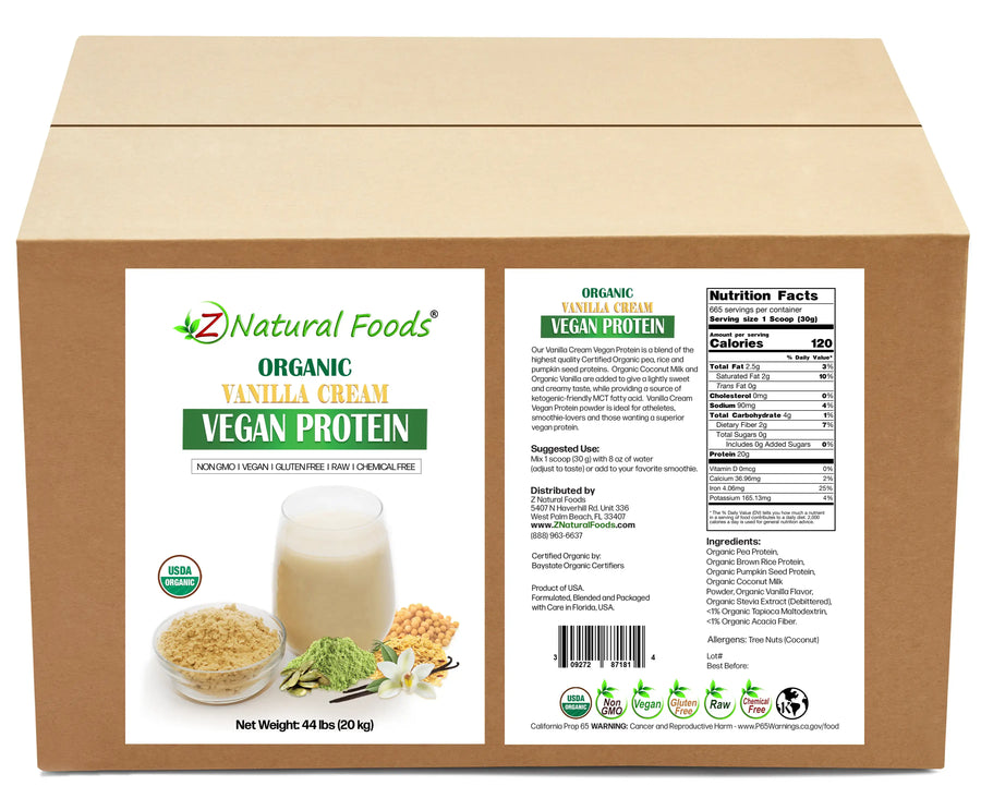 Photo of front and back label image of Vanilla Cream Vegan Protein in bulk