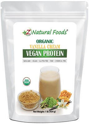Photo of front of 1 lb bag of Z Organic Vanilla Cream Vegan Protein