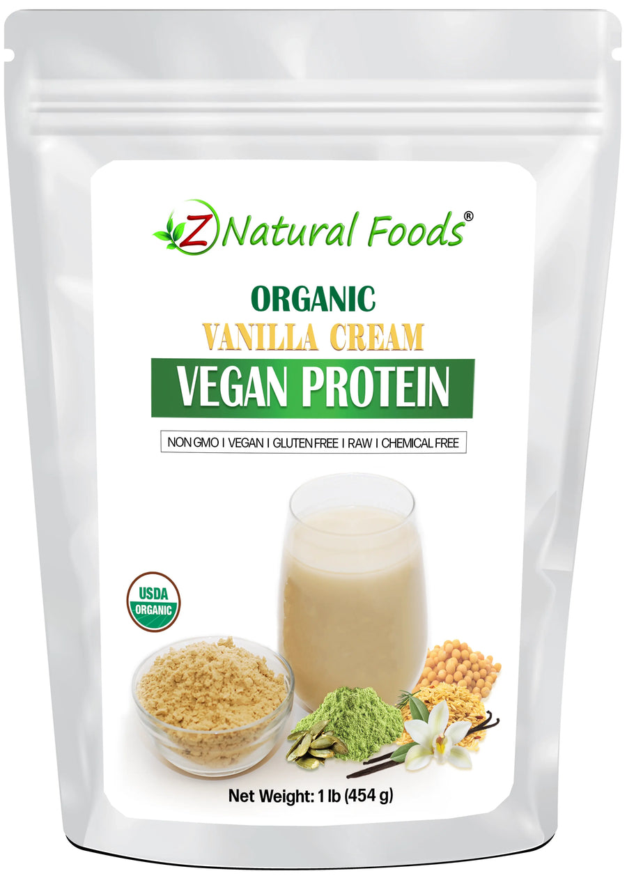 Photo of front of 1 lb bag of Organic Vanilla Cream Vegan Protein