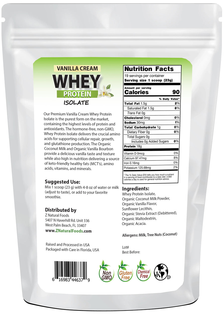 Photo of back of 1 lb bag of Vanilla Cream Whey Protein Isolate