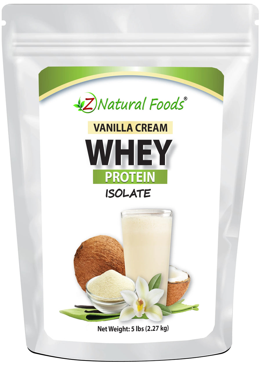 Photo of front of 5 lb bag of Vanilla Cream Whey Protein Isolate