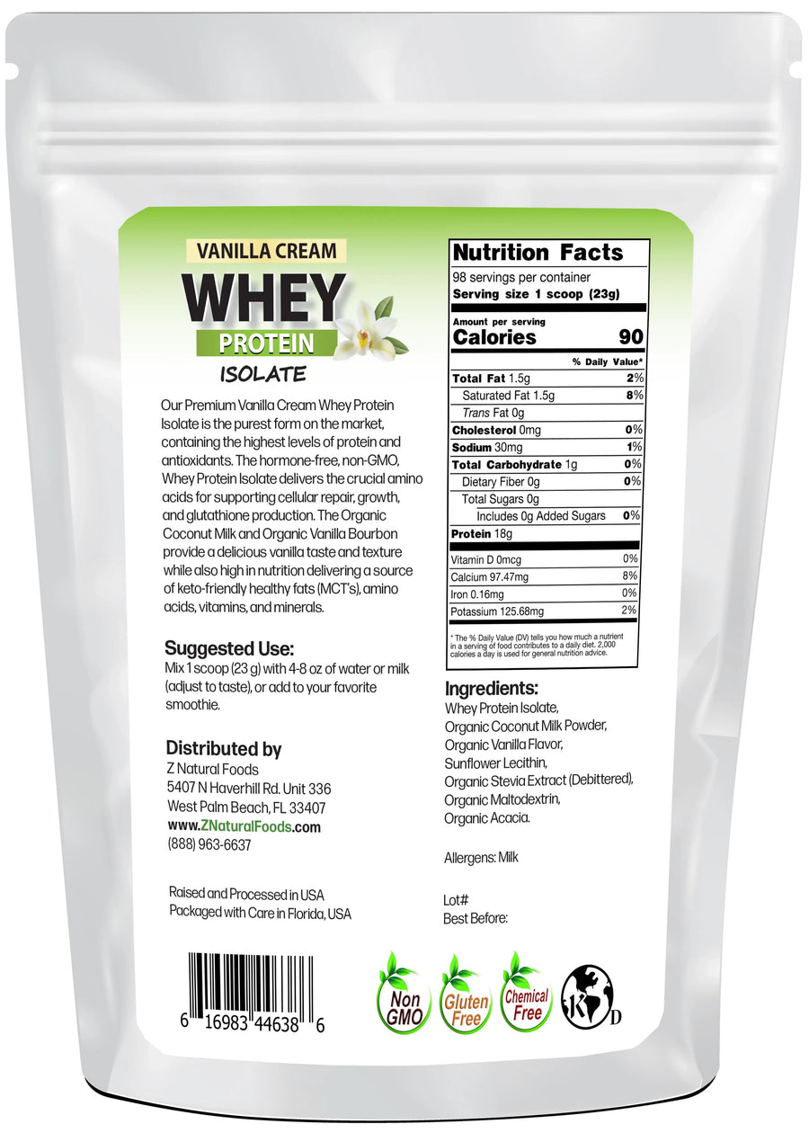 Photo of back of 5 lb bag of Vanilla Cream Whey Protein Isolate