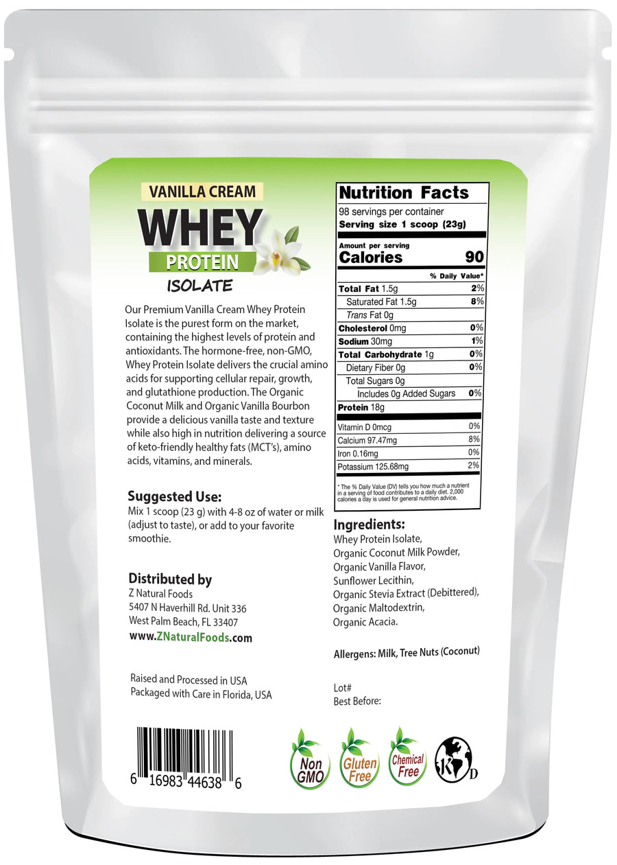 Photo of back of 5 lb bag of Vanilla Cream Whey Protein Isolate