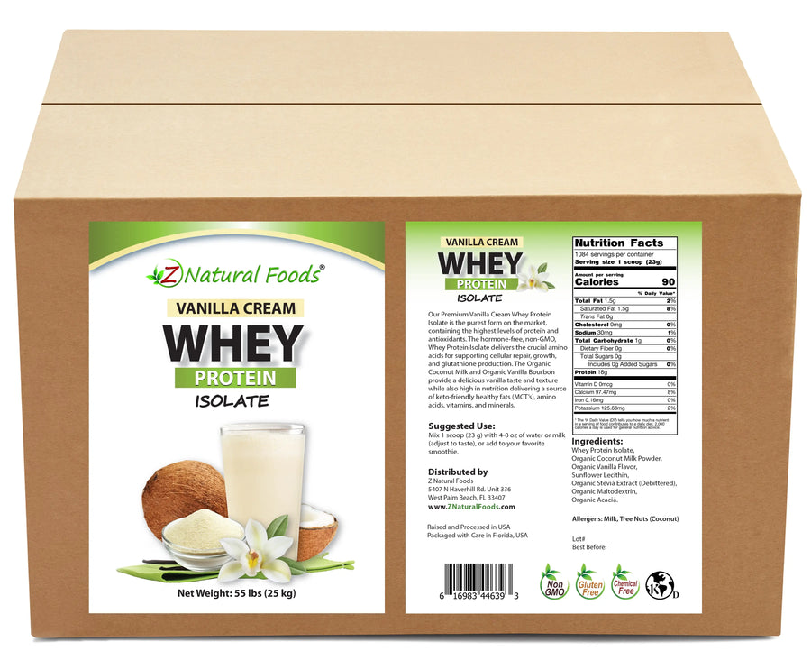 Photo of front and back label image of Vanilla Cream Whey Protein Isolate in bulk