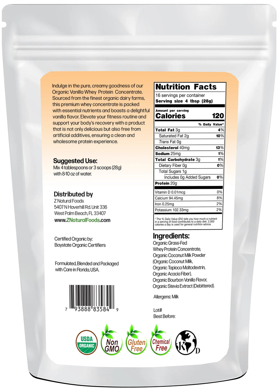 Organic Grass-Fed Vanilla Whey Protein Concentrate back of the bag image 1 lb
