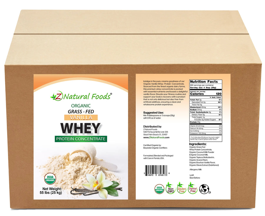 Organic Grass-Fed Vanilla Whey Protein Concentrate front and back label image in bulk