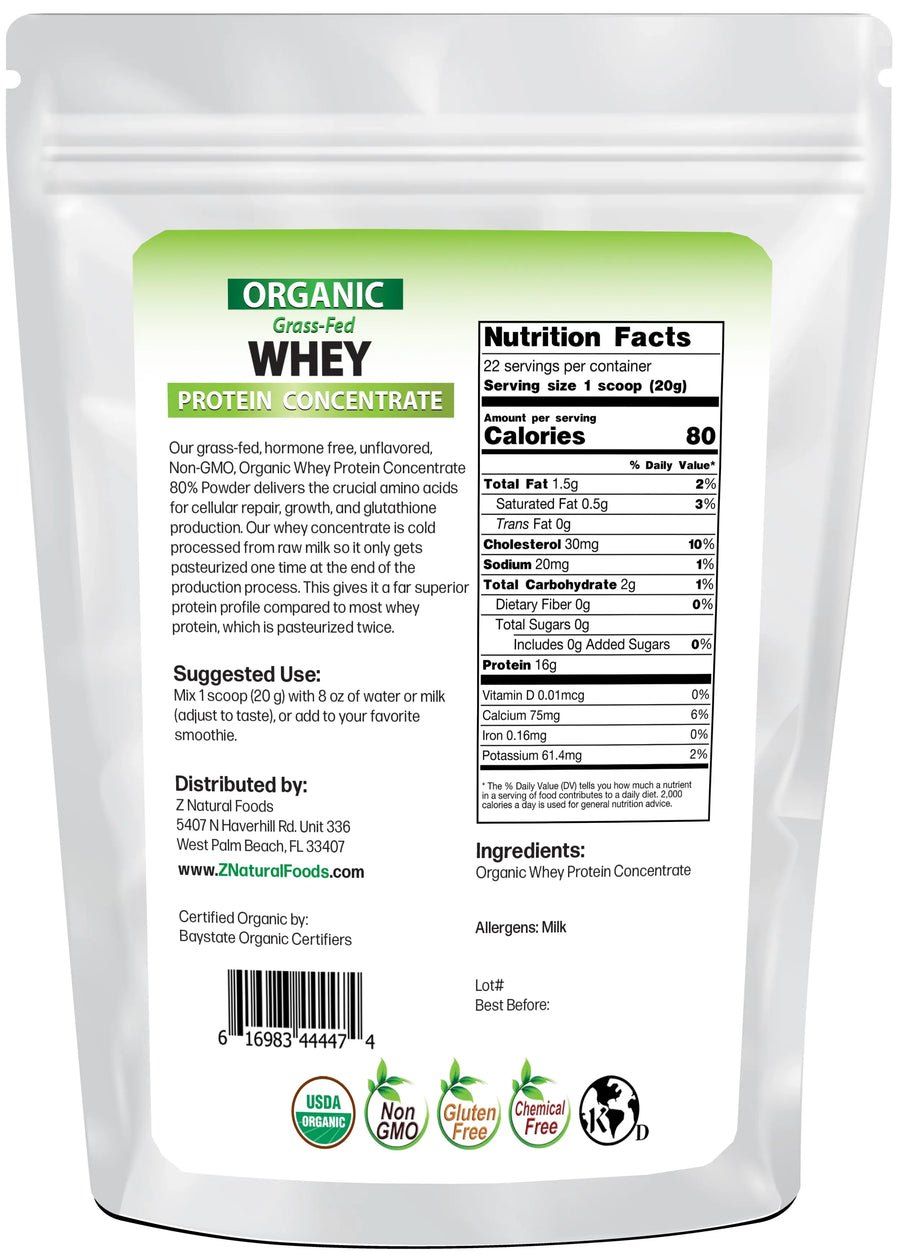 Photo of the back of 1 lb bag of Whey Protein Concentrate - Organic