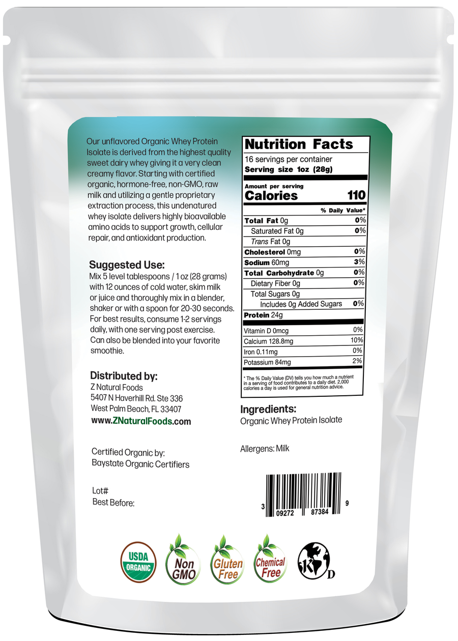 Whey Protein Isolate - Organic back of the bag image 1 lb