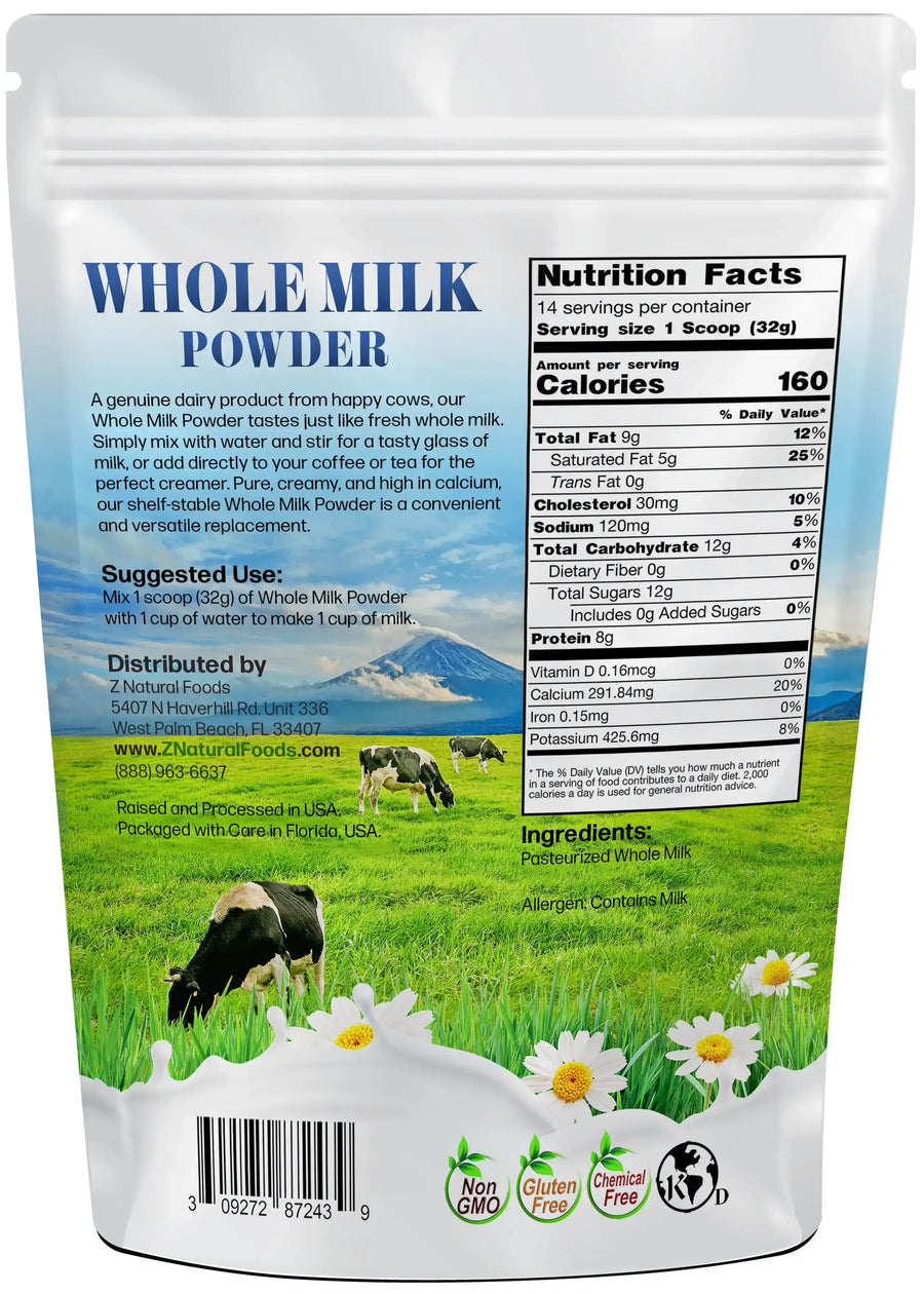Photo of back of 1 lb bag of Whole Milk Powder