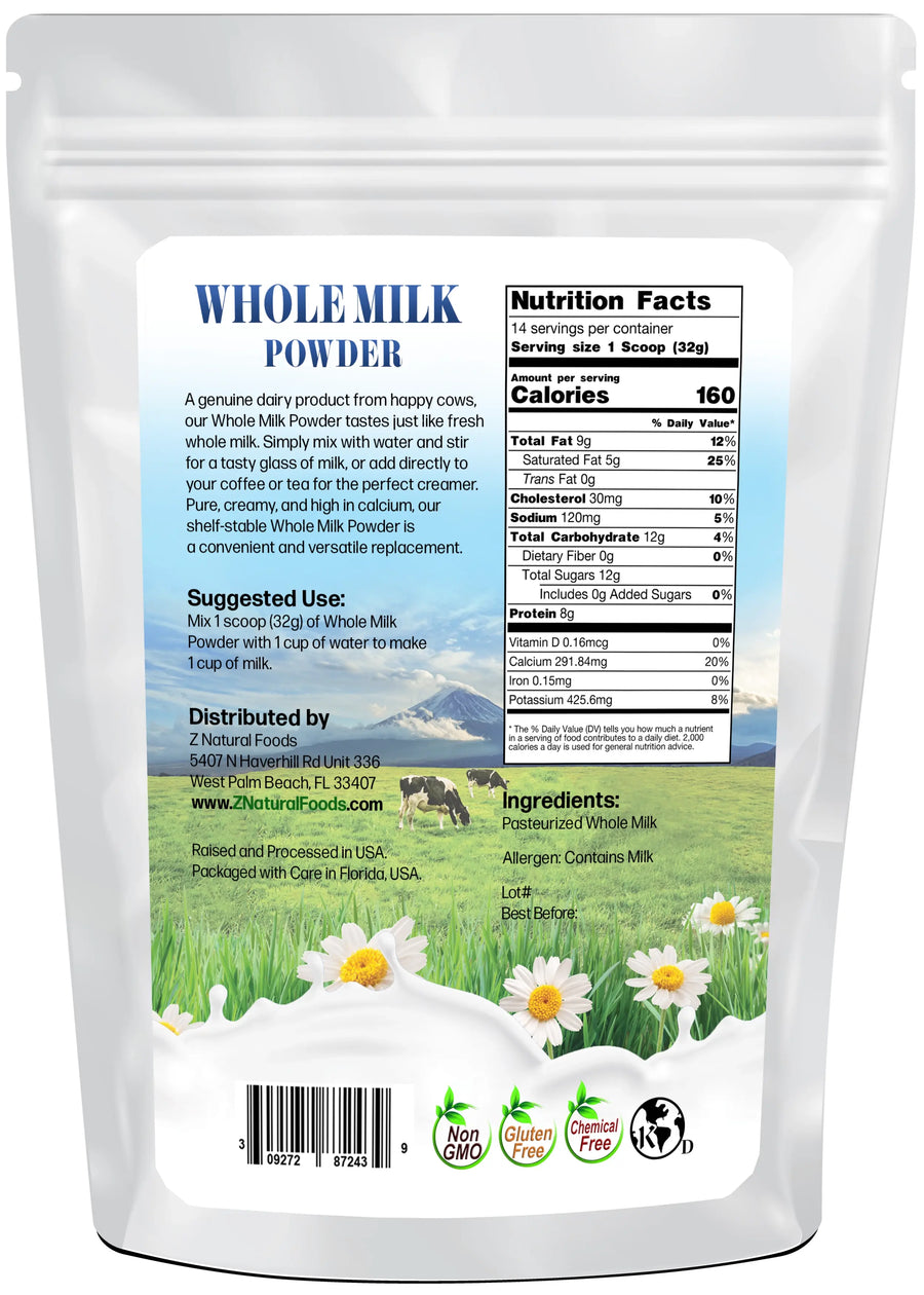 Photo of back of 1 lb bag of Whole Milk Powder