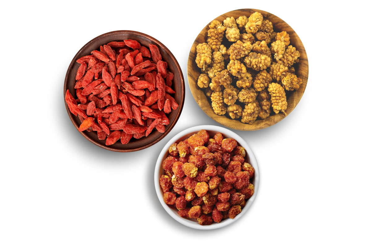 Overhead image of three bowls containing sun-dried Goji berries, sun-dried white Mulberries. and sun-dried Golden Berries.