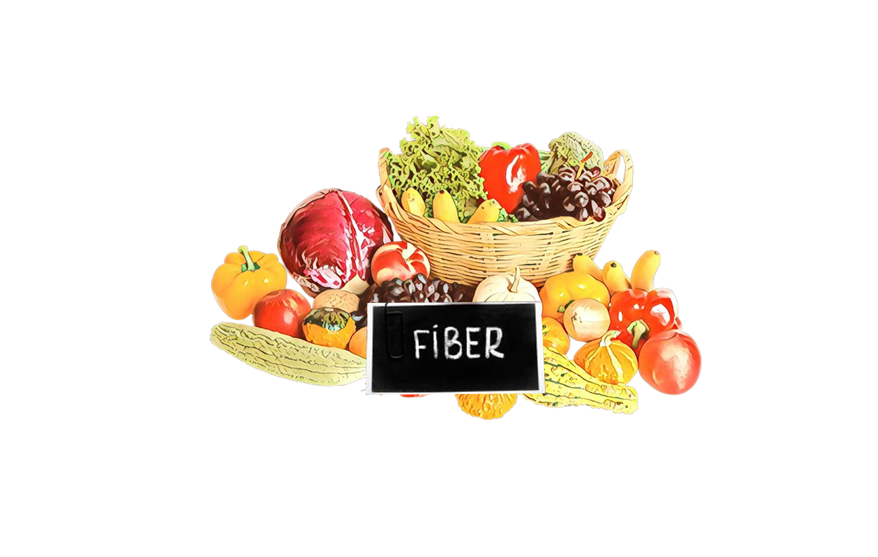 Image of Fiber sign surrounded by fruits and vegetables high in fiber.