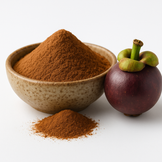 A bowl of organic mangosteen fruit powder with a small pile of powder in front and a whole mangosteen fruit beside it on a white background.