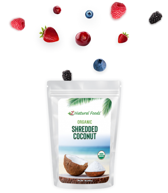 Photo of bag of Organic Shredded Coconut with fresh berries coming out of the top